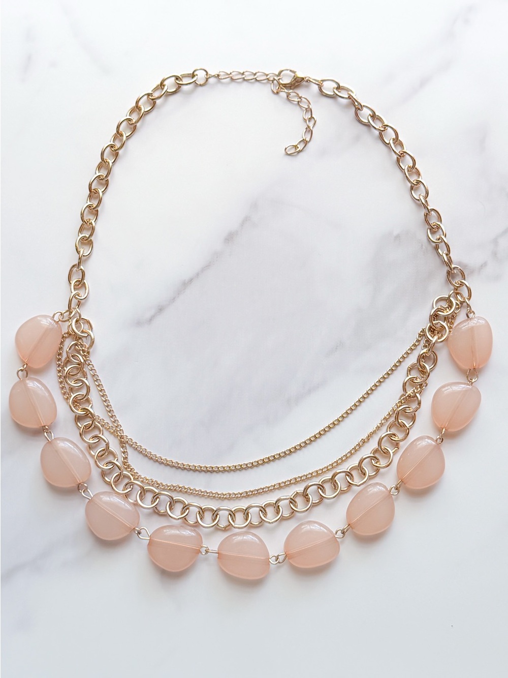 Peach Beaded Multi-Strand Statement Necklace Gold Tone Chain 16”+2” Faux Layers